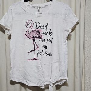 Maurices White Short Sleeve Tee with Pink Flamingo Graphic and Tie Front